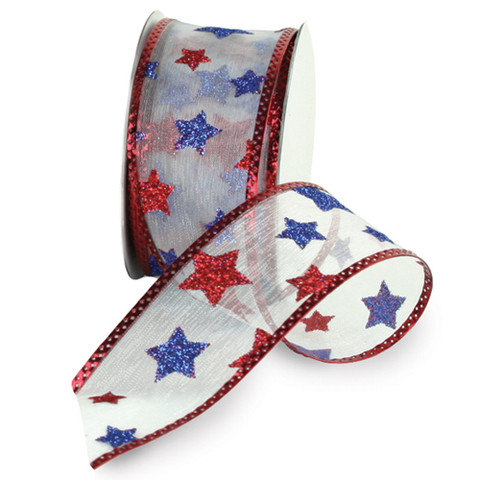 Offray Starburst Wired Edge Ribbon RedWhiteBlue