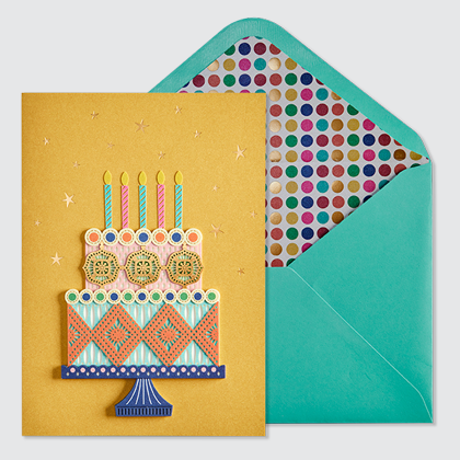 NIQUEA.D Birthday Cake card with turquoise envelope and metallic multi-colored dot card lining NIQUEA.D Birthday Cake card with turquoise envelope and metallic multi-colored dot card lining