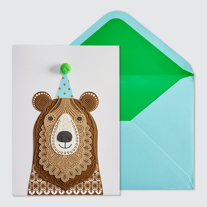 NIQUEA.D Bear with Hat laser cut card and light blue envelope with green liner NIQUEA.D Bear with Hat laser cut card and light blue envelope with green liner