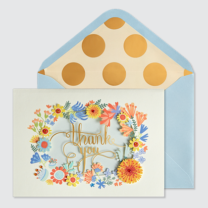 NIQUEA.D Thank You Wreath laser cut card with blue envelope and metallic god polka dot lining NIQUEA.D Thank You Wreath laser cut card with blue envelope and metallic god polka dot lining