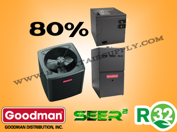 Goodman R-32 2.5 Ton 15.2 SEER2 80% 80k BTU UpFlow/Vertical Gas Split System (GLXS4BA3010+GM9S800803BN+CAPTA3626B3)