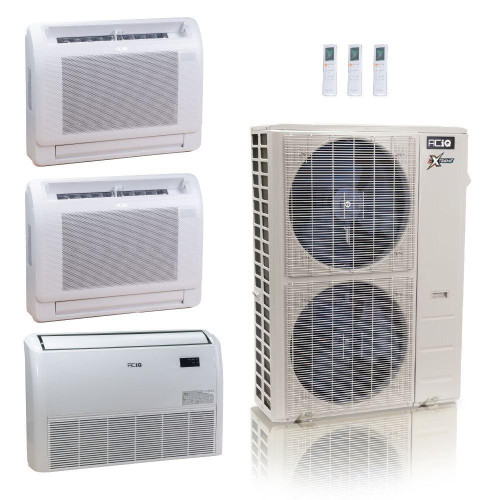 48,000 BTU ACIQ Extreme 23 SEER2 Tri Zone Floor Mount Mini Split Heat Pump System - R454B | 230V - 9 + 12 + 18 - ACIQ-48Z-HH-M6C / ACIQ-09FM / ACIQ-12FM / ACIQ-18FM  Mini Split Systems Direct