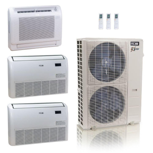 48,000 BTU ACIQ Extreme 23 SEER2 Tri Zone Floor Mount Mini Split Heat Pump System - R454B | 230V - 9 + 18 + 18 - ACIQ-48Z-HH-M6C / ACIQ-09FM-HH-MD / ACIQ-18FM-HH-MD-2  Mini Split Systems Direct