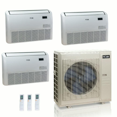 55,000 BTU ACIQ Standard 22 SEER2 Tri Zone Floor Mount Mini Split Heat Pump System - R454B | 230V - 18 + 18 + 18 - ES-55Z-M6C / ACIQ-18FM-HH-MD-3  Mini Split Systems Direct