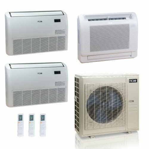 55,000 BTU ACIQ Standard 22 SEER2 Tri Zone Floor Mount Mini Split Heat Pump System - R454B | 230V - 12 + 18 + 18 - ES-55Z-M6C / ACIQ-12FM-HH-MD / ACIQ-18FM-HH-MD-2  Mini Split Systems Direct