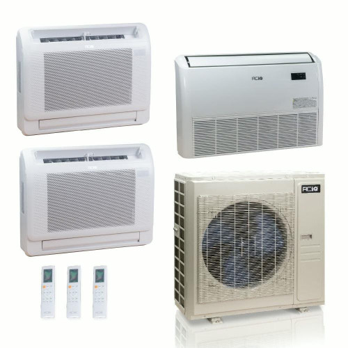 55,000 BTU ACIQ Standard 22 SEER2 Tri Zone Floor Mount Mini Split Heat Pump System - R454B | 230V - 9 + 9 + 24 - ES-55Z-M6C / ACIQ-09FM-HH-MD-2 / ACIQ-24FM-HH-MD  Mini Split Systems Direct