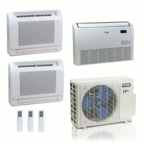 27,000 BTU ACIQ Extreme 23 SEER2 Tri Zone Floor Mount Mini Split Heat Pump System - R454B | 230V - 9 + 9 + 18 - ACIQ-27Z-HH-M4C / ACIQ-09FM-HH-MD-2 / ACIQ-18FM-HH-MD  Mini Split Systems Direct