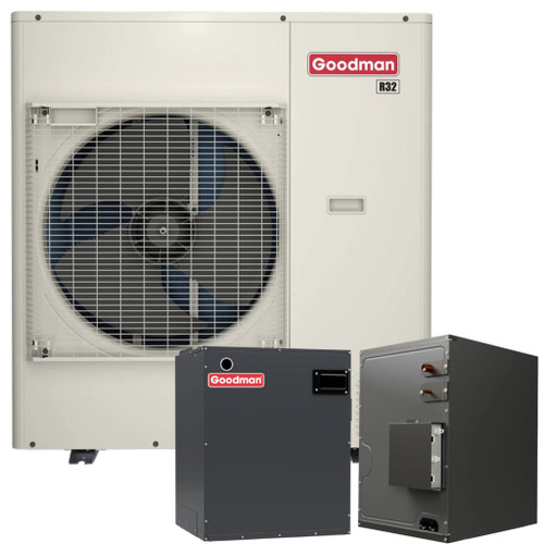 Goodman 5 Ton 16.6 SEER2 R-32 Central Heat Pump Split System with Evaporator Coil & Modular Blower, white unit with red Goodman logo and two smaller units
