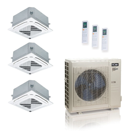 36,000 BTU ACiQ Extreme 23 SEER2 Tri Zone Ceiling Cassette Mini Split Heat Pump System - R454B | 230V - 9 + 9 + 12 - ACiQ-36Z-HH-M5C / ACIQ-09CC-2 / ACIQ-12CC  Mini Split Systems Direct