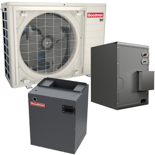 Goodman 2 Ton 19.0 SEER2 R-32 Central Heat Pump Split System with Evaporator Coil &amp; Modular Blower | GZV7SA2410 | CAPEA3626B3 | MBVK12BP1X00 | 17½" Cabinet Width Upflow/Downflow Coil | 17½" Multi-Positional Modular Blower