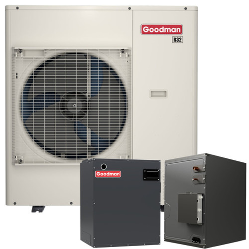 Goodman 5 Ton 16.6 SEER2 R-32 Central Heat Pump Split System with Evaporator Coil & Modular Blower, white unit with red Goodman logo and two smaller units