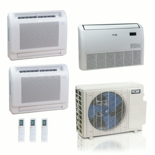 36,000 BTU ACIQ Standard 24 SEER2 Tri Zone Floor Mount Mini Split Heat Pump System - R454B | 230V - 9 + 9 + 18 - ES-36Z-M5C / ACIQ-09FM-HH-MD-2 / ACIQ-18FM-HH-MD  Mini Split Systems Direct