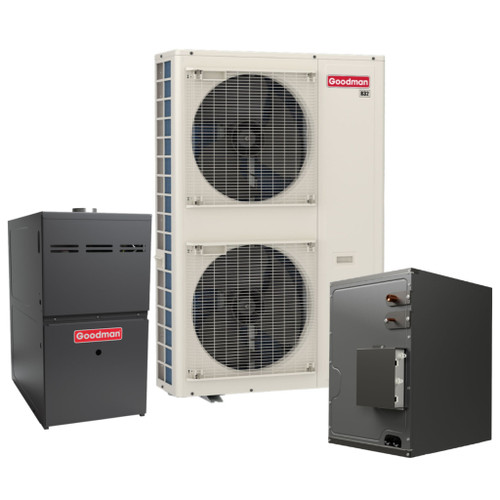 Goodman 2 Ton | 19.2 SEER2 | R-32 | Dual Fuel System | GZV9SA241C | GRVS800805CU | CAPEA4830D3 | 24½" Cabinet Width Upflow/Downflow Cased Coil | 80,000 BTU 80% AFUE Upflow/Horizontal Single-Stage Ultra Low NOx Variable-Speed Single-Stage ECM Furnace