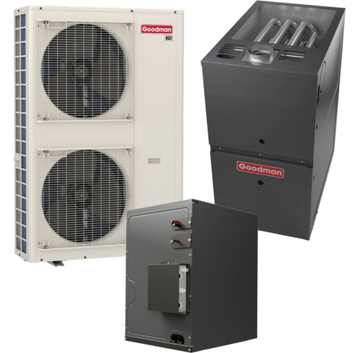 Goodman 2 Ton | 18.2 SEER2 | R-32 | Dual Fuel System | GZV9SA241C | GRVT801005CN | CHPEA4830D3 | 24½" Cabinet Height Horizontal Cased Coil | 100,000 BTU 80% AFUE Downflow Two-Stage Natural Gas Variable-Speed Two-Stage ECM Furnace