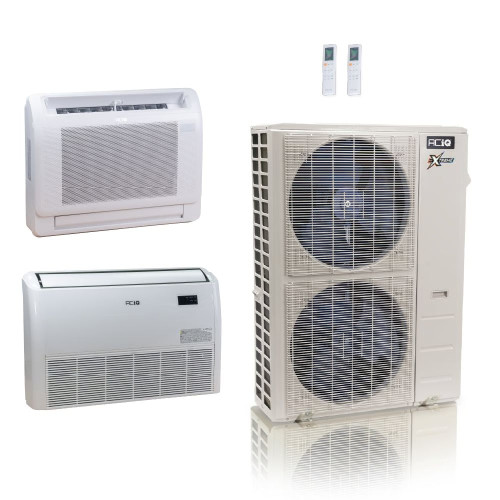 48,000 BTU ACiQ Extreme 23 SEER2 Dual Zone Floor Mount Mini Split Heat Pump System - R454B | 230V - 12 + 24 - ACiQ-48Z-HH-M6C / ACIQ-12FM-HH-MD / ACIQ-24FM-HH-MD  Mini Split Systems Direct