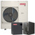 Goodman 5 Ton 16.6 SEER2 R-32 Central Heat Pump Split System with Evaporator Coil & Modular Blower, white unit with red Goodman logo and two smaller units