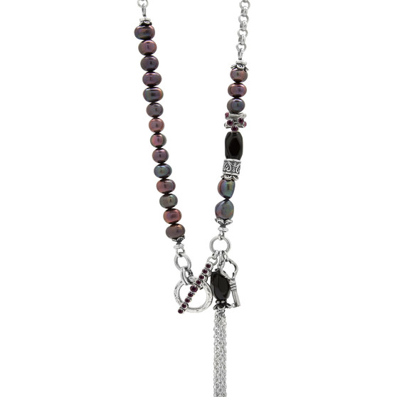 Burnished Silver Necklace with Jet Beads,Berry Freshwater Pearls and Amethyst Swarovski Crystals