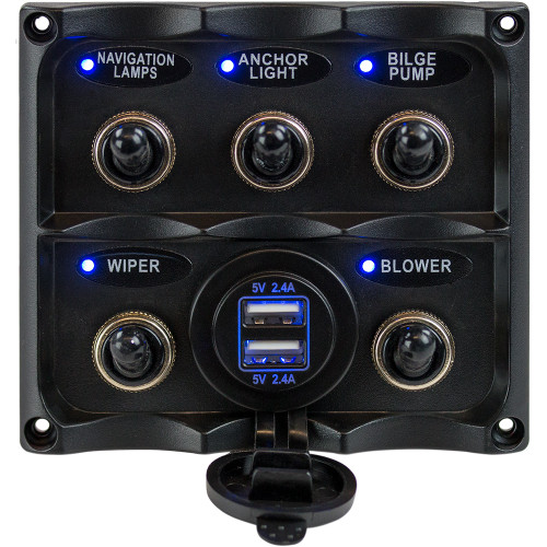Sea-Dog Water Resistant Toggle Switch Panel w\/USB Power Socket - 5 Toggle [424617-1]