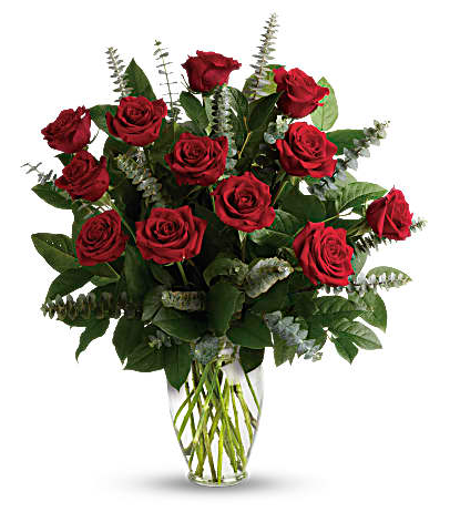Proclaim your eternal love with this breathtaking Arrangement! One dozen resplendent red roses, gathered with alluring greens in a classic glass vase, is a romantic gift she won't soon forget.