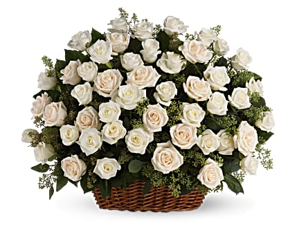 The everlasting beauty of a traditional English garden is evoked with this bountiful basket of radiant white and crème roses. Fresh and peaceful, this lovely arrangement.
 
