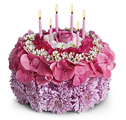 Make a wish! Instead of a calorie-packed cake, send the birthday star a birthday cake of flowers. This unique arrangement features happy shades of pink, purple and white. And no birthday cake's complete without candles!