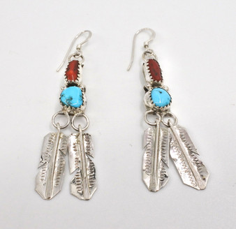 Turquoise Coral Feather Earrings Sterling Silver