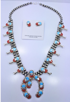 Turquoise Coral  Squash Blossom Necklace Earrings Set