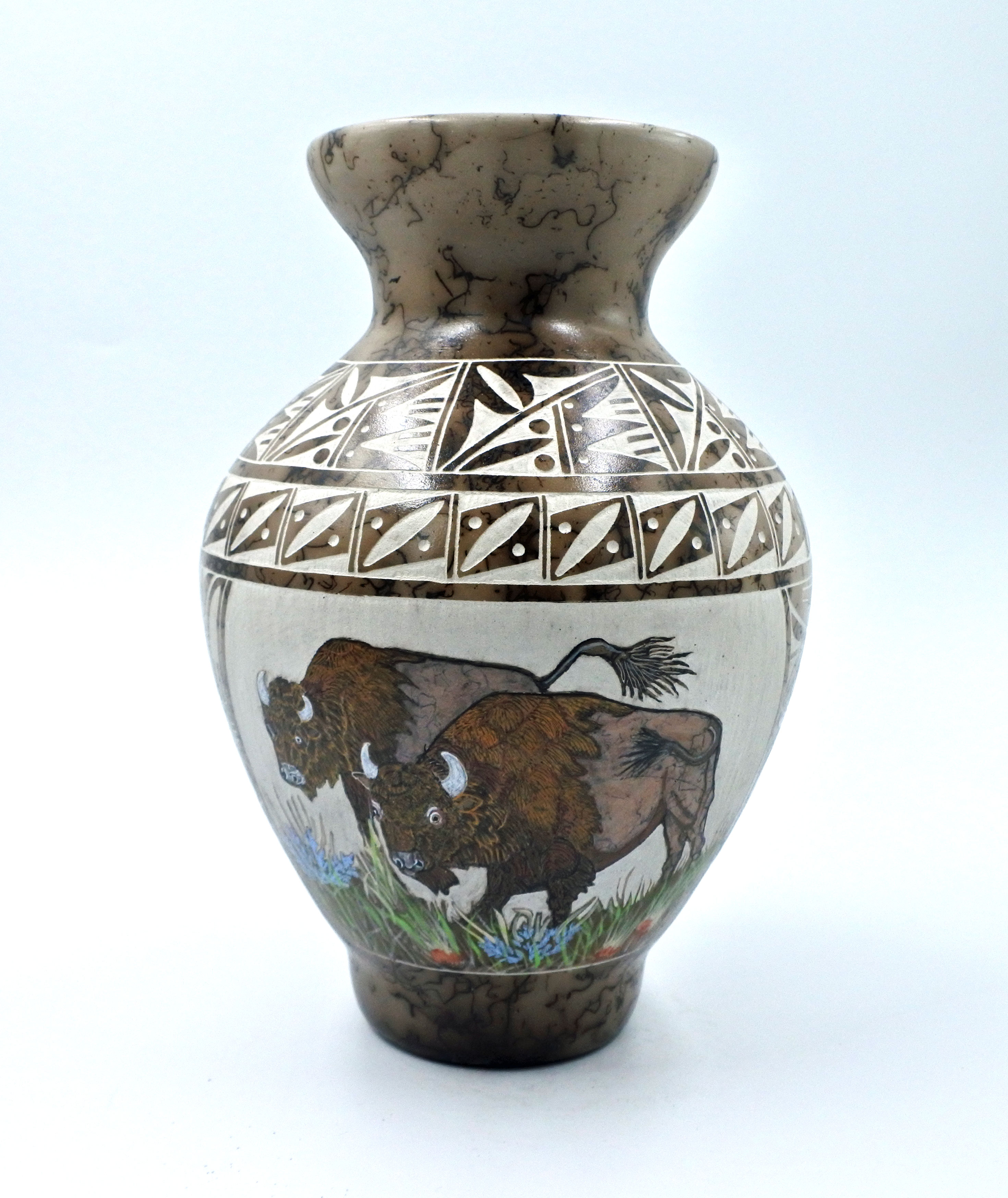 Authentic Navajo Horse Hair Pottery Hand Painted Hand Etched Vase Buffalo