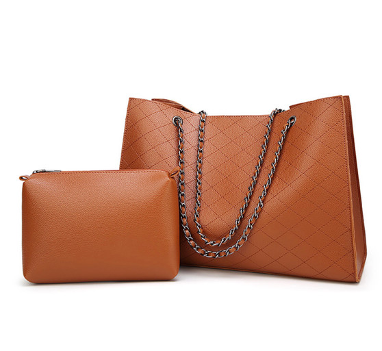 2-Piece Large Leather Quilted Pattern Tote