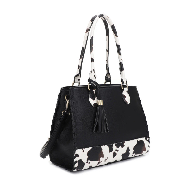 Whipstitch Cow Print Satchel Bag with Tassel