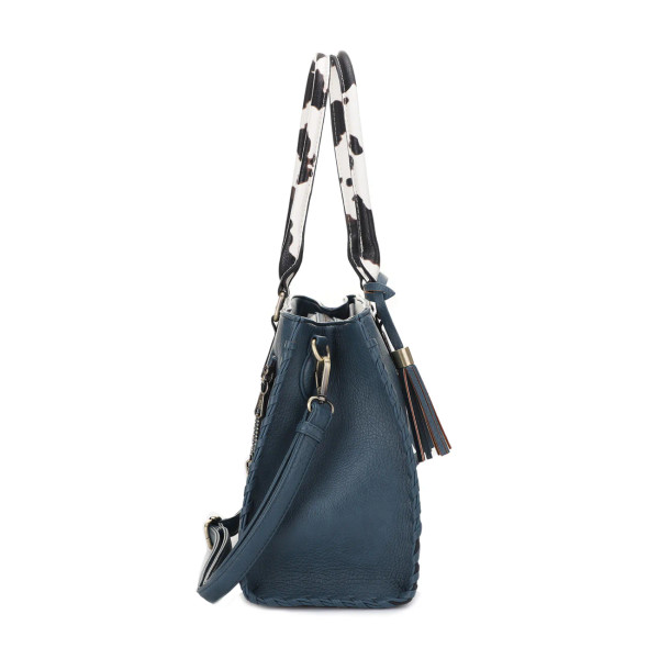 Whipstitch Cow Print Satchel Bag with Tassel