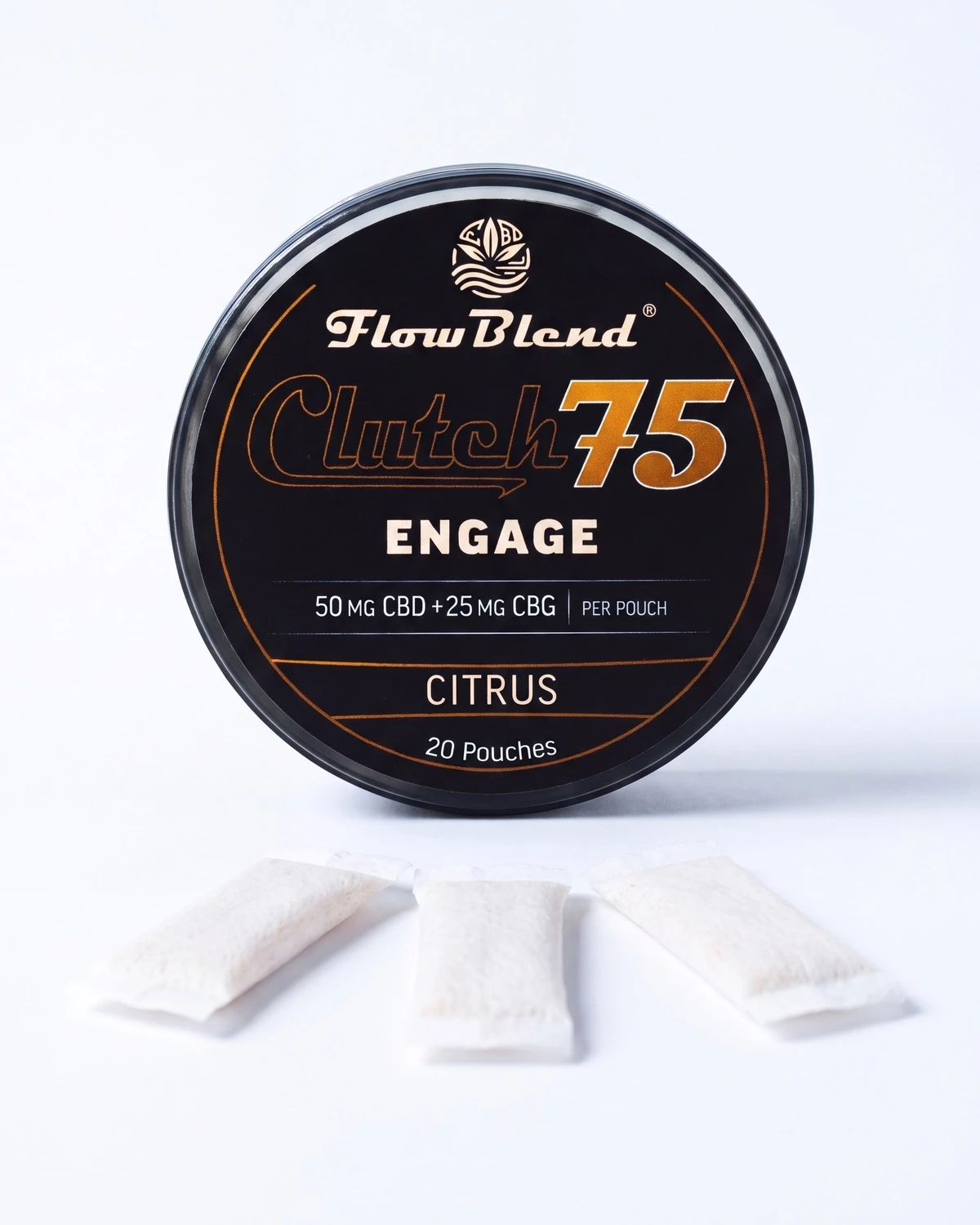 CLUTCH 75 Engage pouches can — 50mg CBD + 25mg CBG on the label, citrus, 20 count
