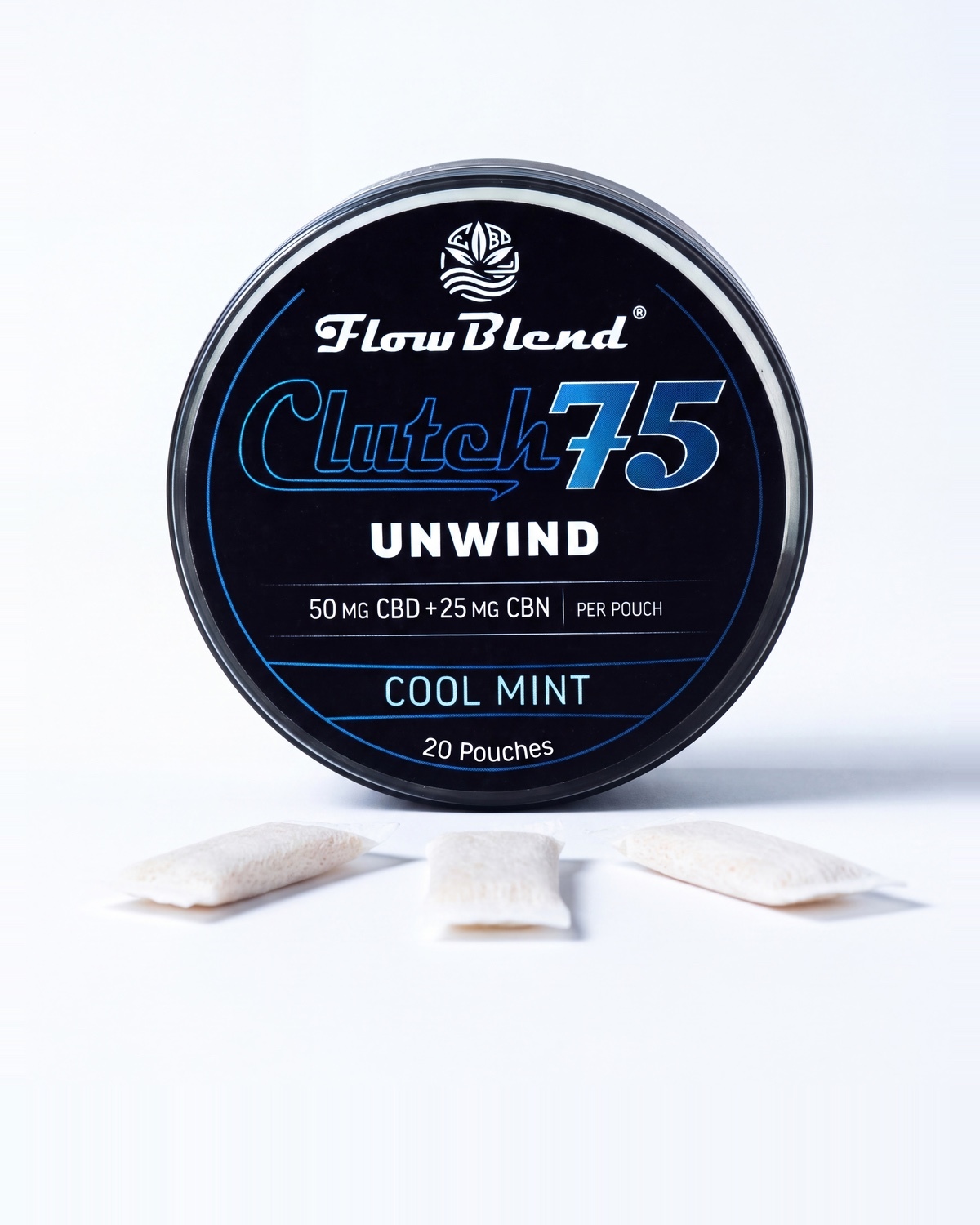 CLUTCH 75 Unwind pouches can &mdash; 50mg CBD + 25mg CBN on the label, cool mint, 20 count