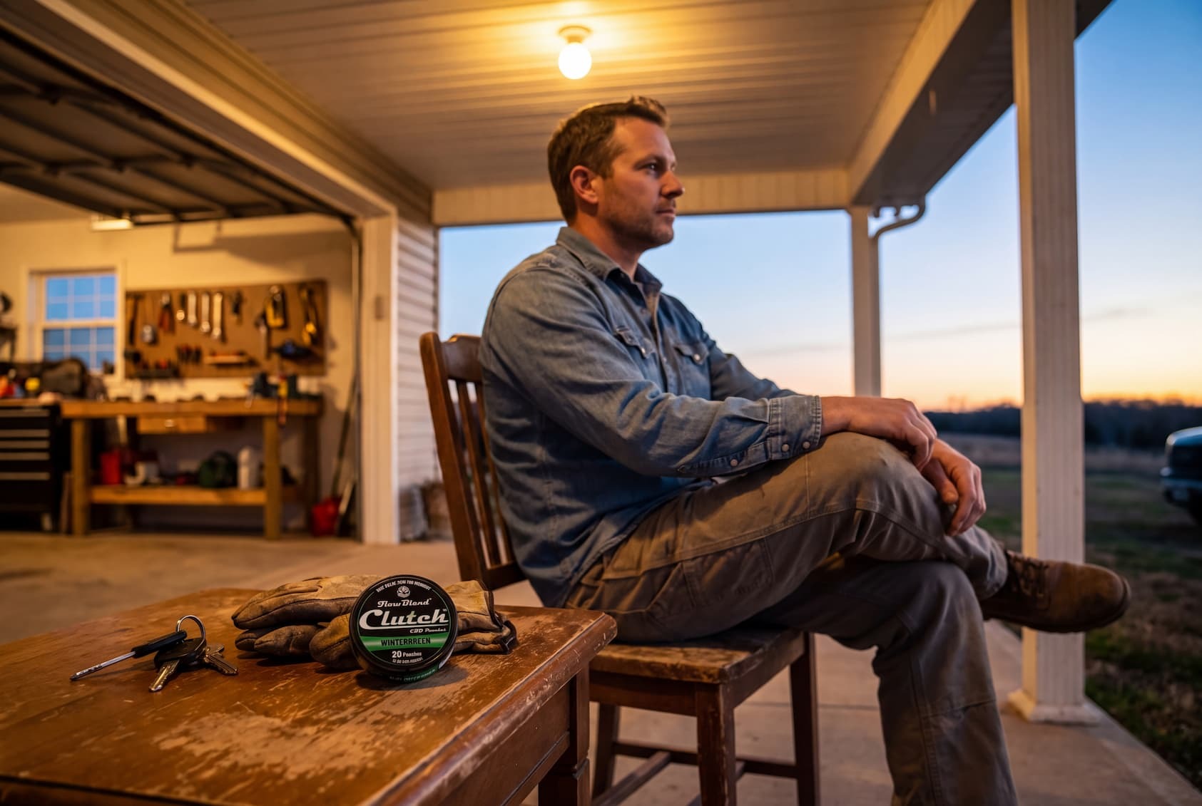 Evening porch wind-down with a can of CLUTCH Blue Raspberry CBD pouches