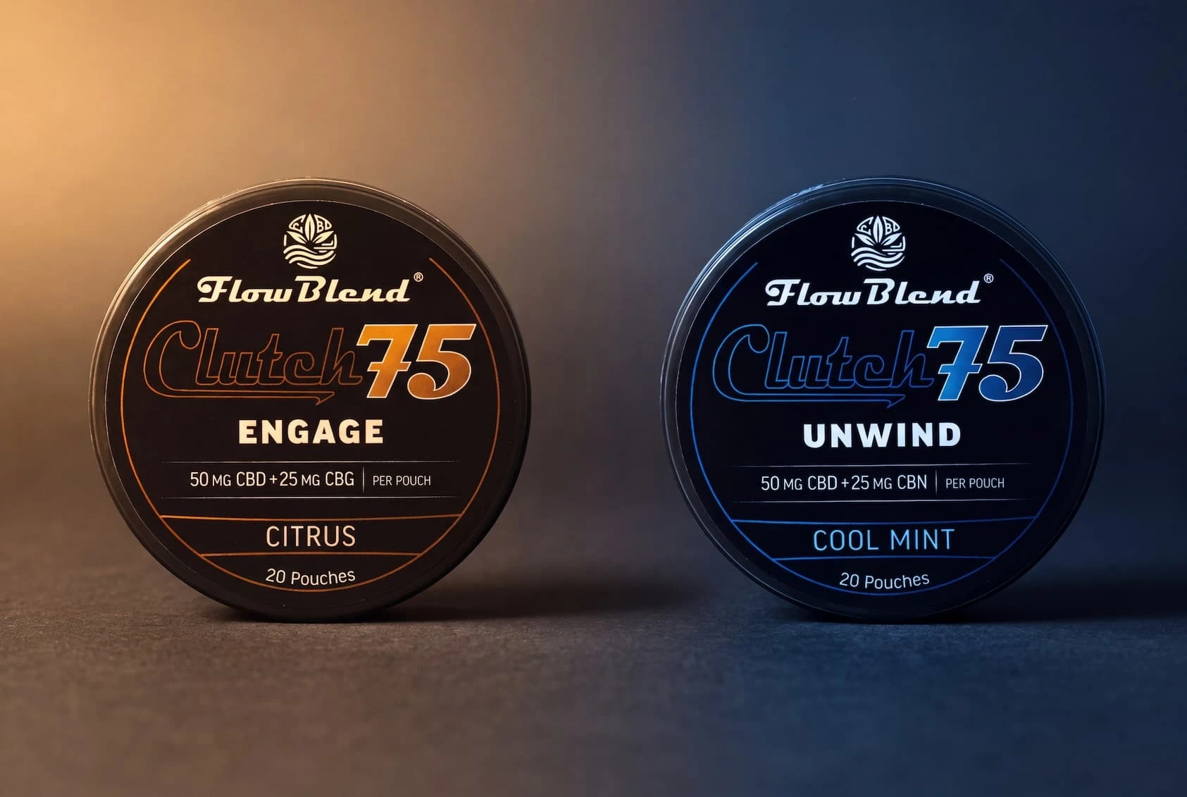 CLUTCH 75 Engage and Unwind cans together — the day and night modes of the high-dose CBD pouch line