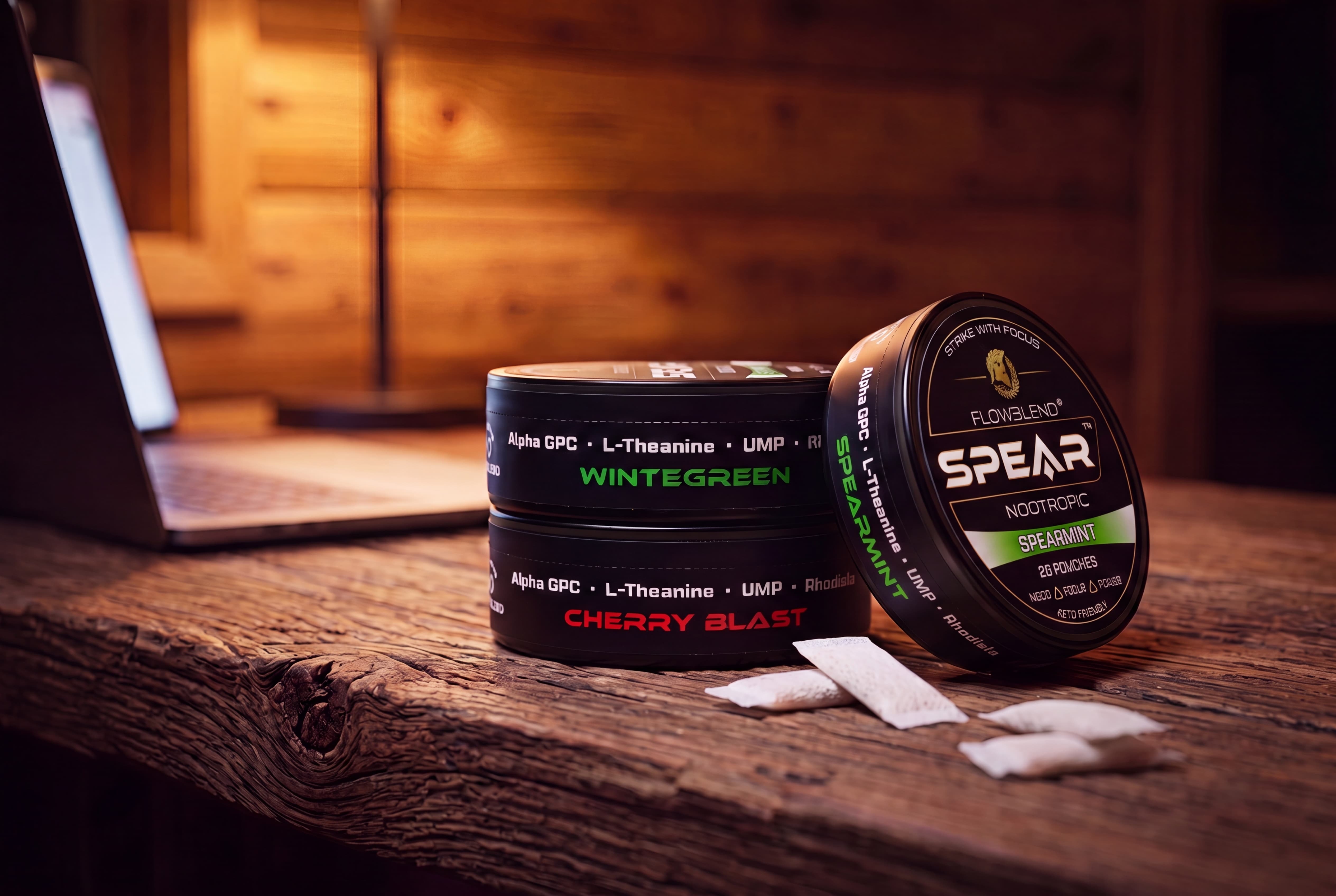 The Focus Stack: SPEAR Spearmint, Cherry Blast, and Wintergreen nootropic pouch cans together