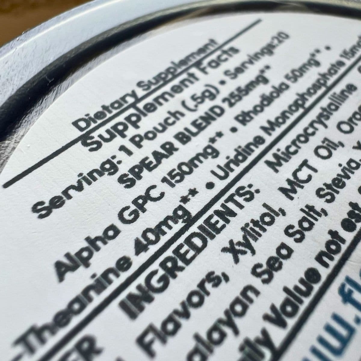 Close-up of SPEAR supplement facts panel showing 150mg Alpha-GPC dose