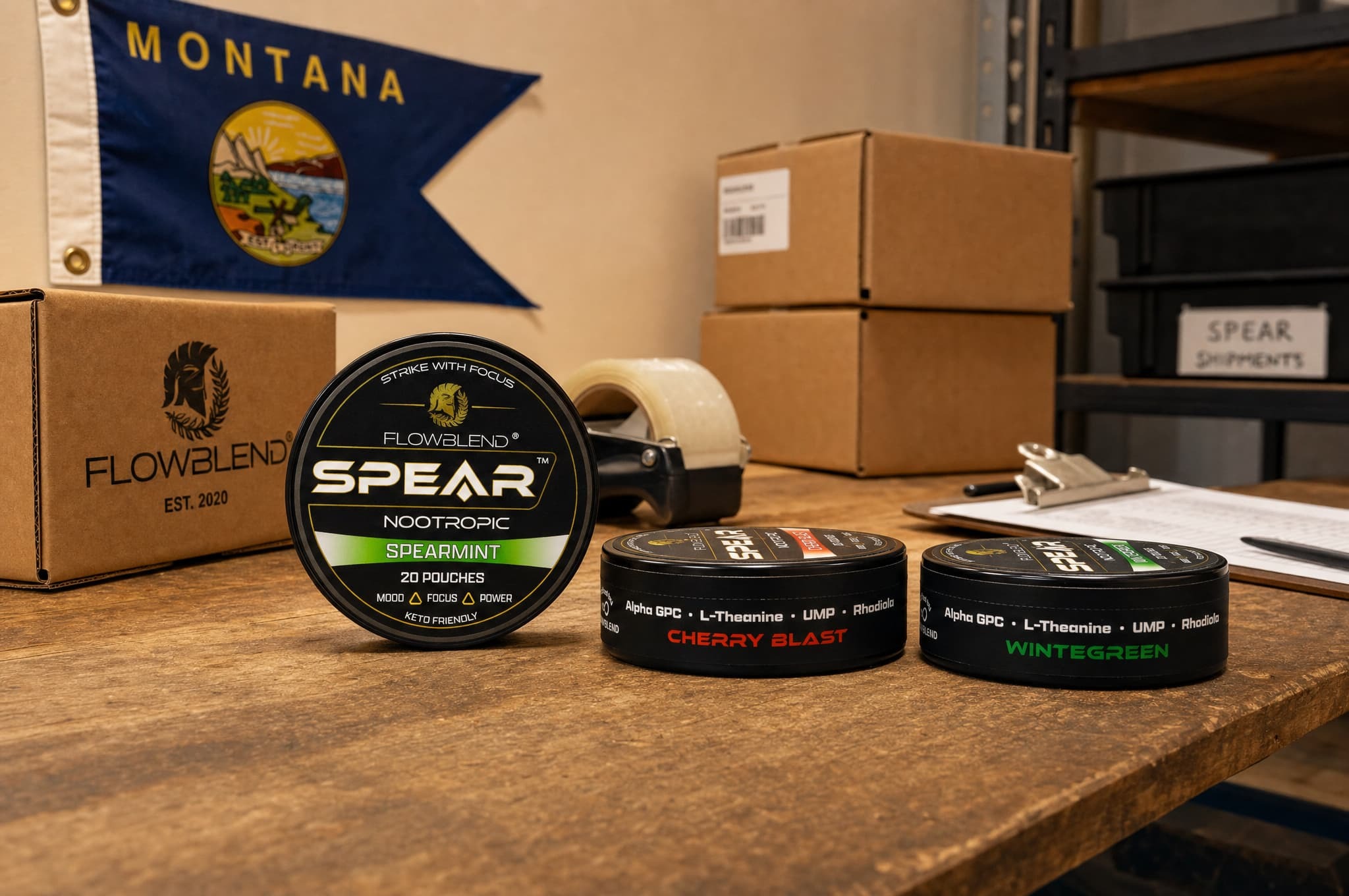 SPEAR nootropic pouches made and packed in Kalispell, Montana