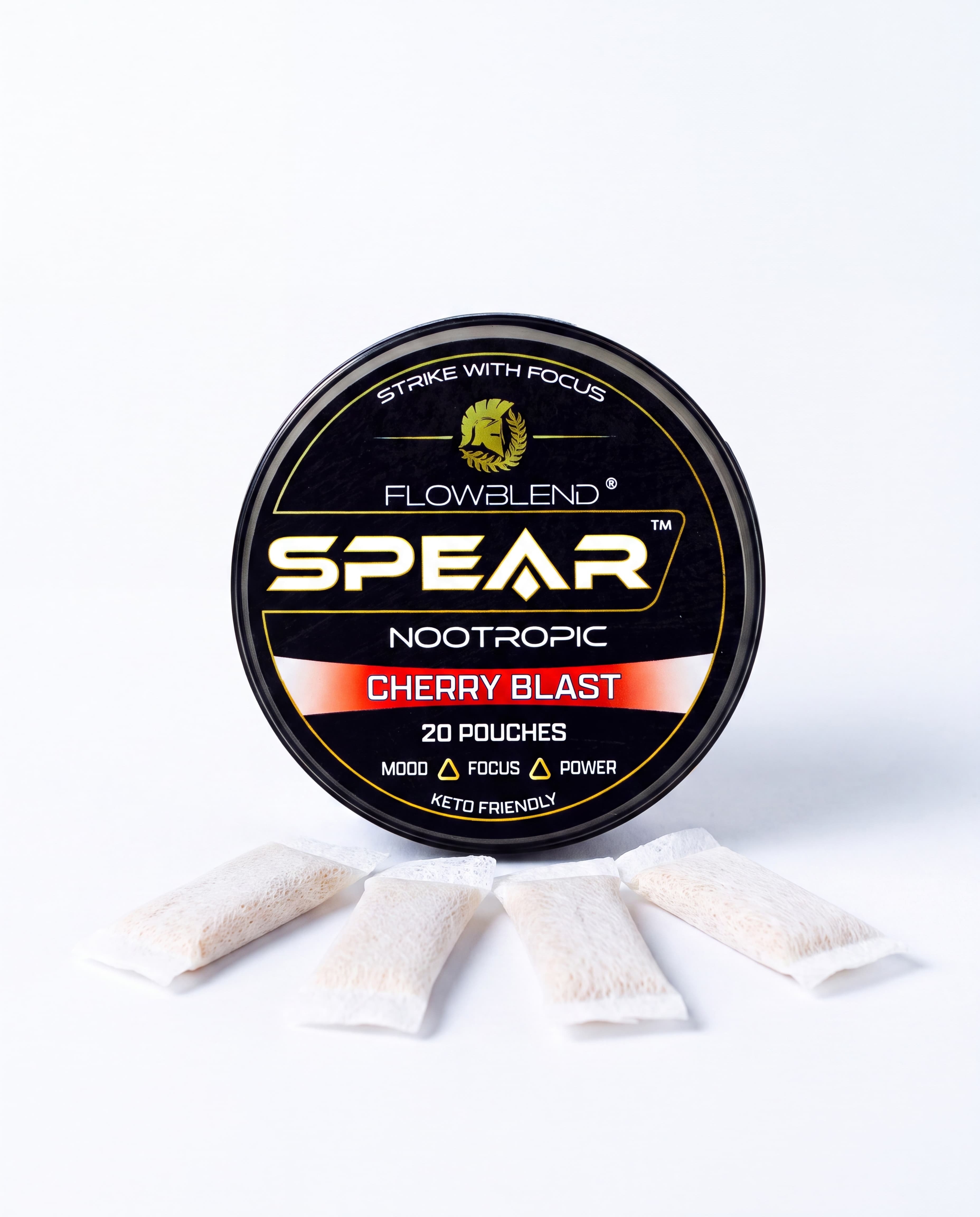 SPEAR Cherry Blast nootropic pouches can with loose pouches on a desk