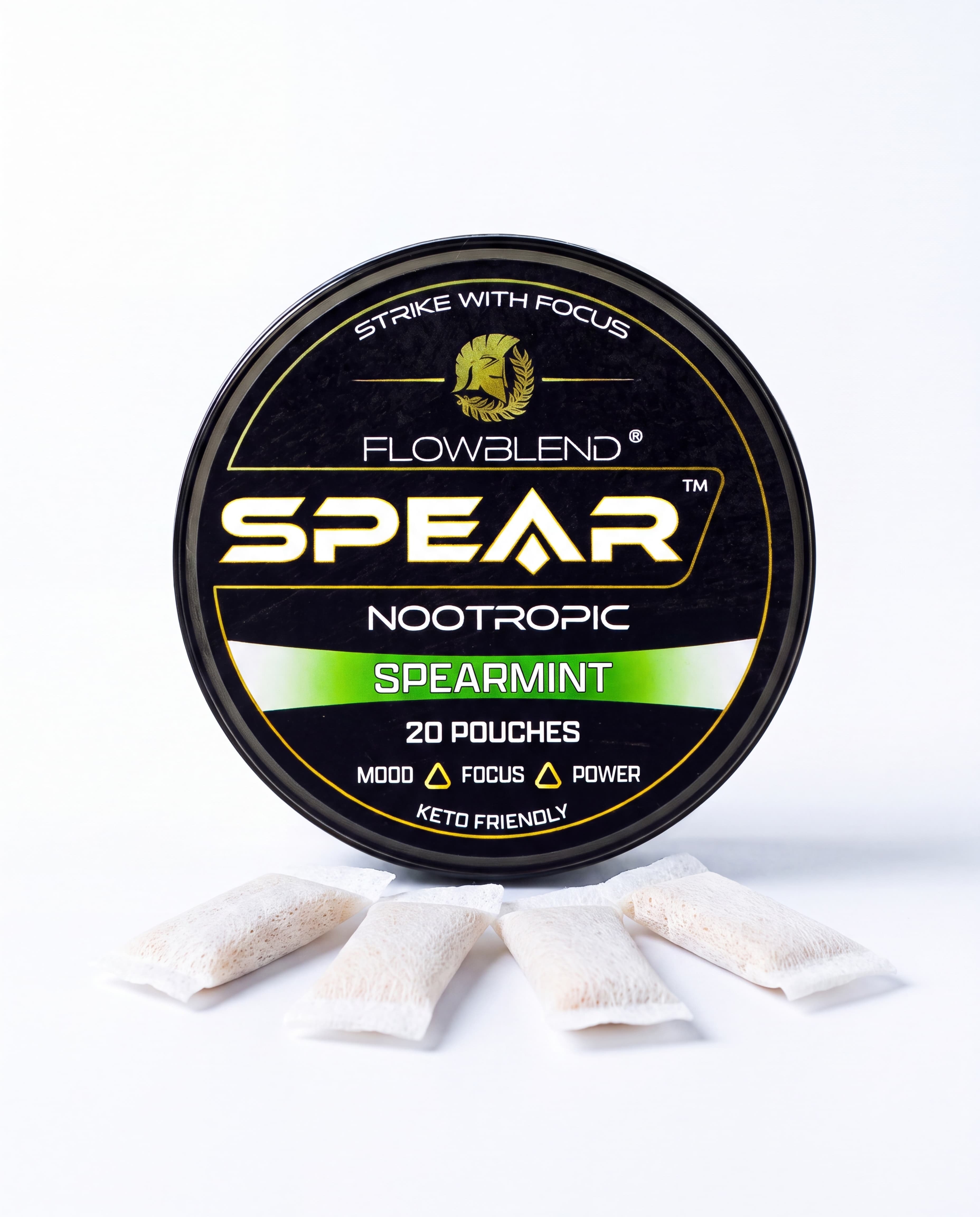 SPEAR Spearmint nootropic pouches can with loose pouches on a desk