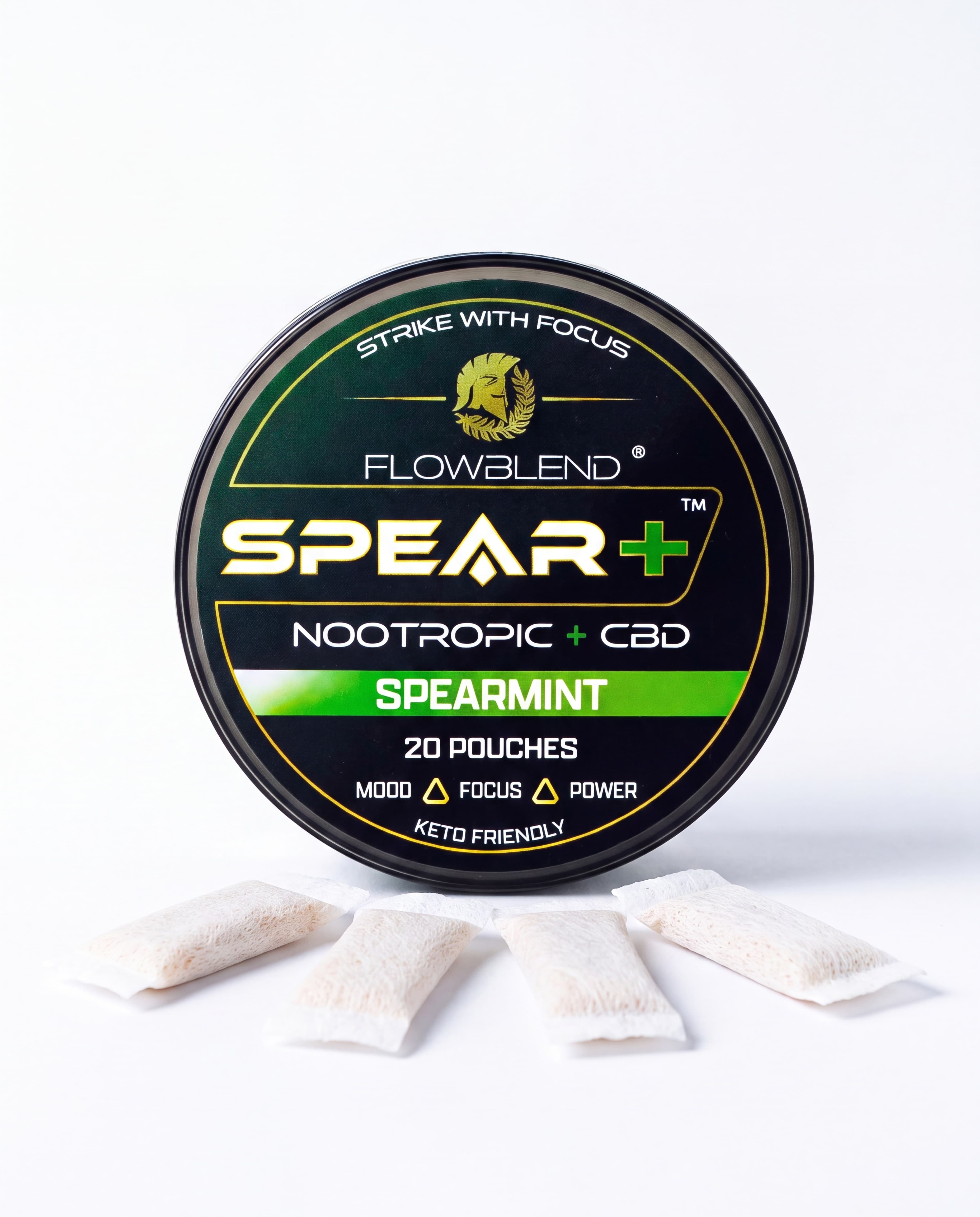 SPEAR Nootropic + CBD pouches can with loose pouches on a desk