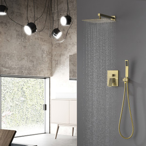 Moreno 10" Shower Head In Brushed Gold and Hand Held Two Valve Set Moreno 10" Shower Head In Brushed Gold and Hand Held Two Valve Set