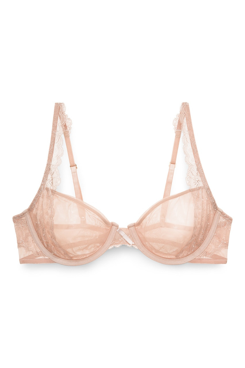 Nude Lycra strapless brassiere with Chantilly lace