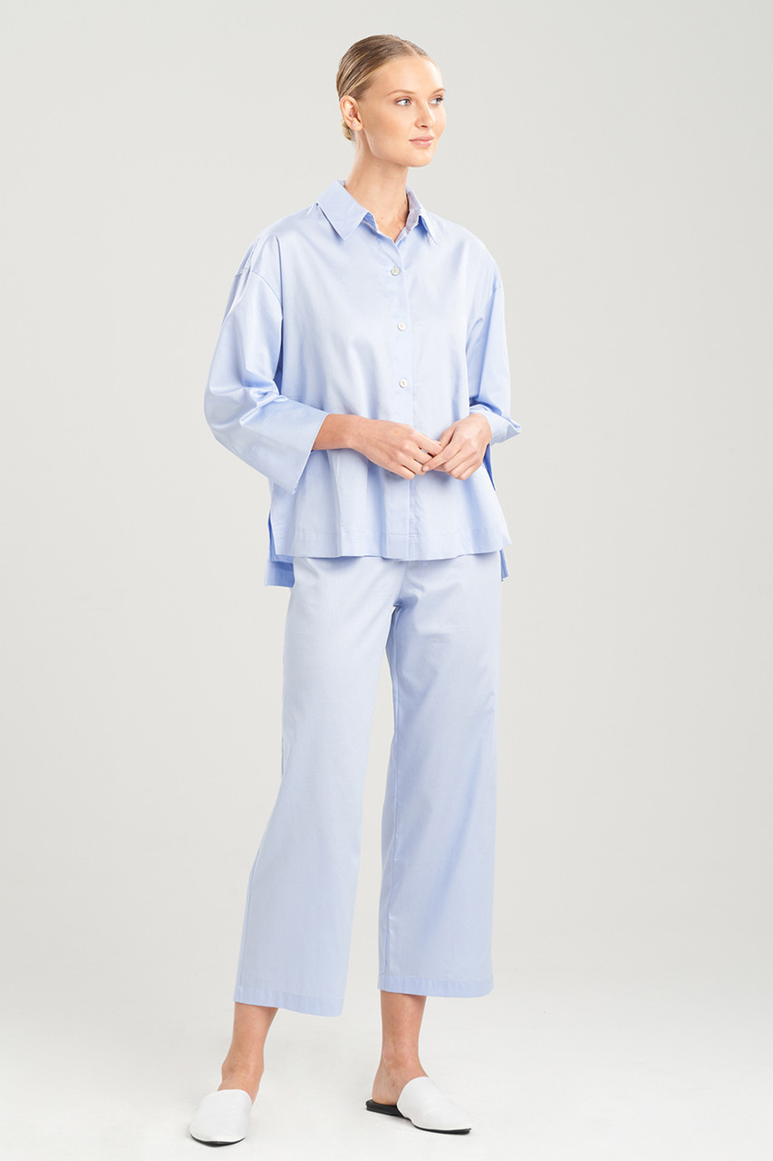 Cotton Sateen Pajama Set with Contrast Piping - Cream/Terra