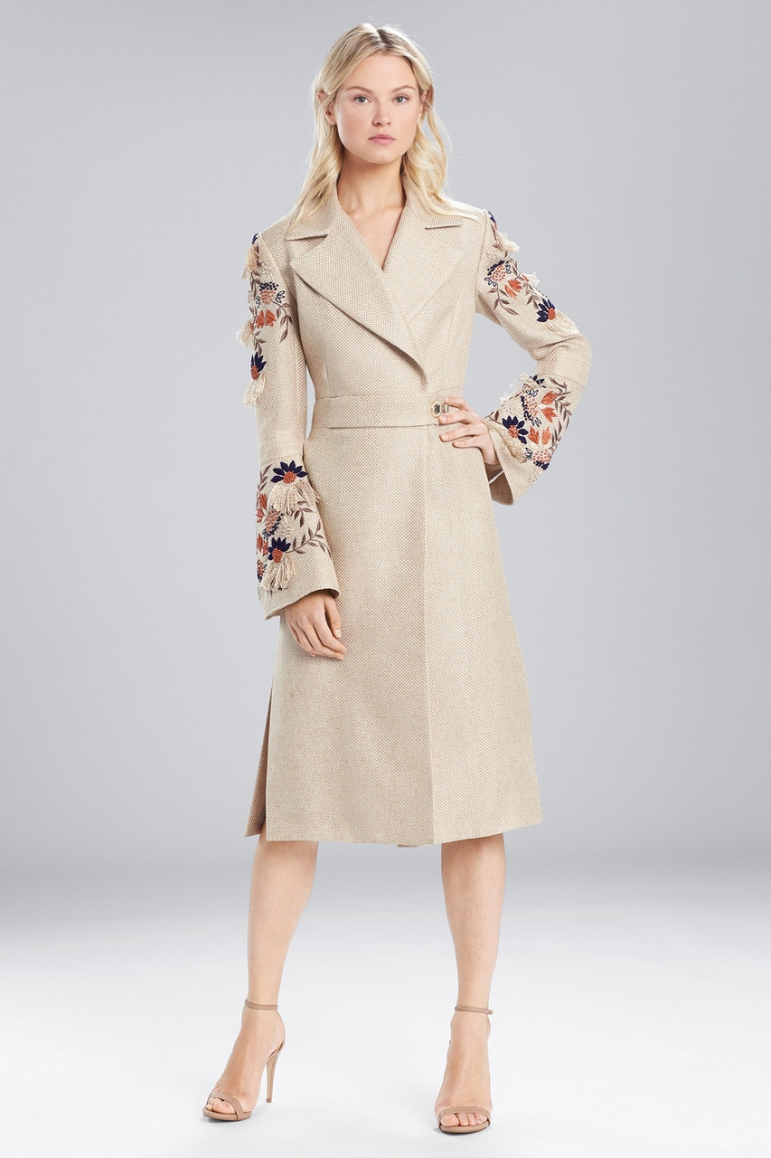 Josie Natori Straw Mixed Media Embroidered Trench Coat