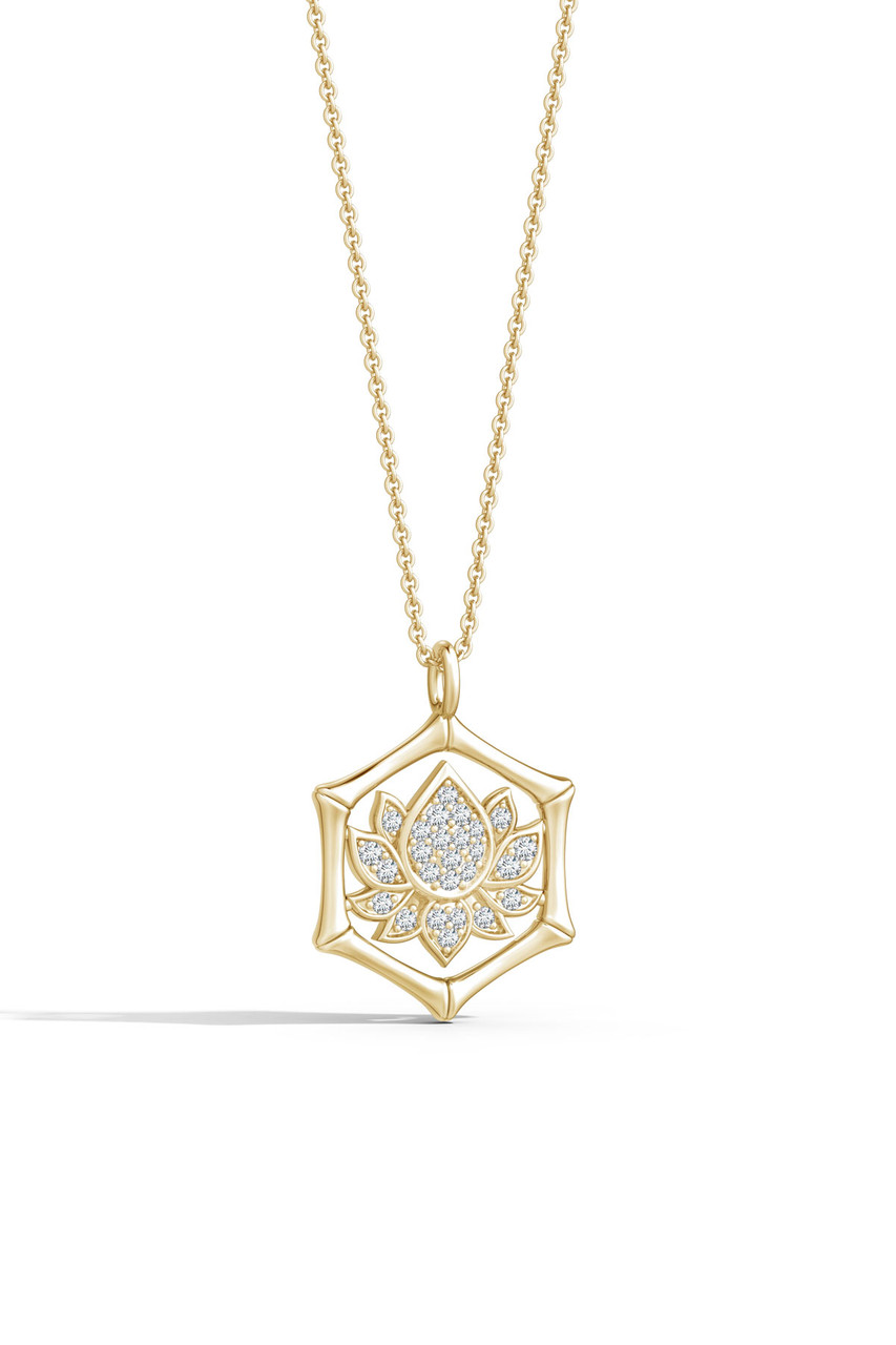 Indochine Spirit 14k Bamboo Frame Lotus Diamond Pendant Necklace