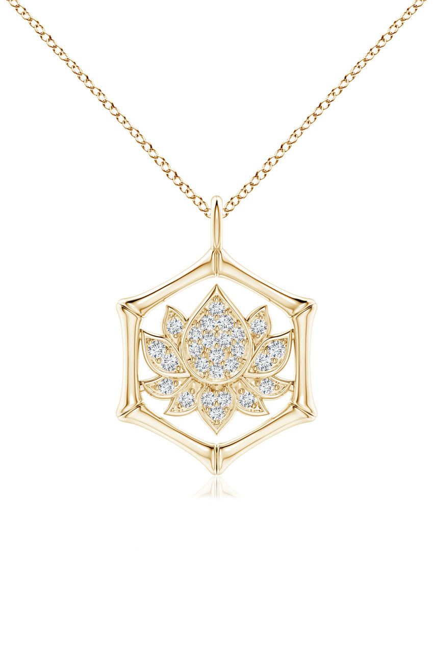 Indochine Spirit 14k Bamboo Frame Lotus Diamond Pendant Necklace