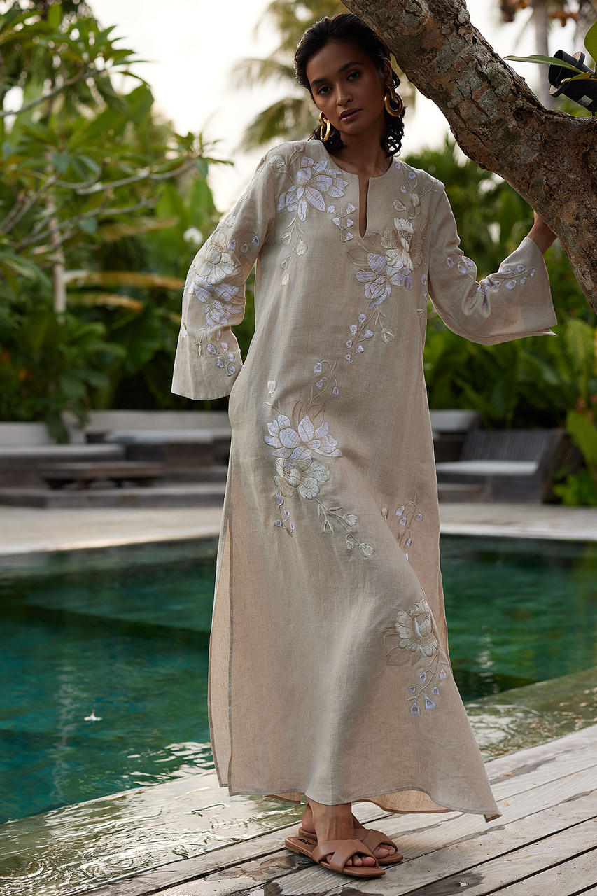 Buy Linen Embroidered Slit Caftan Online | Natori