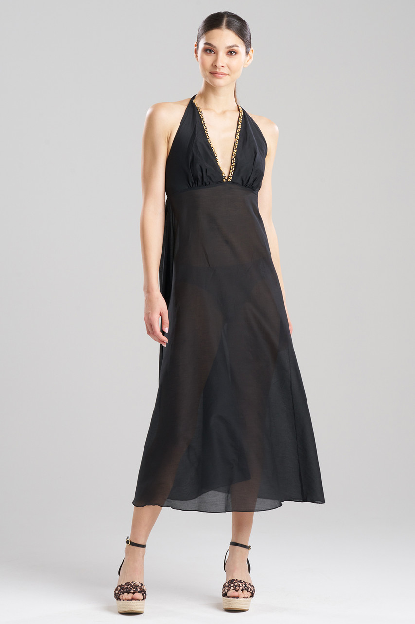 Cotton Silk Voile Beaded Sheer Halter Dress