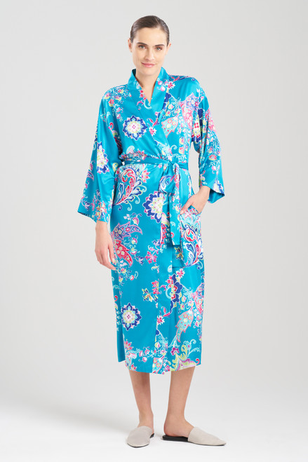 Natori Private Luxuries Satin Kimono Robe With Water Lily Design in Pink  and Blue Size Small Satin Kimono Robe, Natori Lingerie 